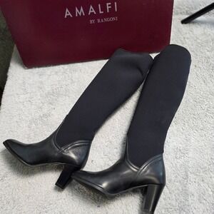 Amalfi Rangoni Black Italian Leather Stretch Calf‎ Knee High Heel Boots 5M NEW